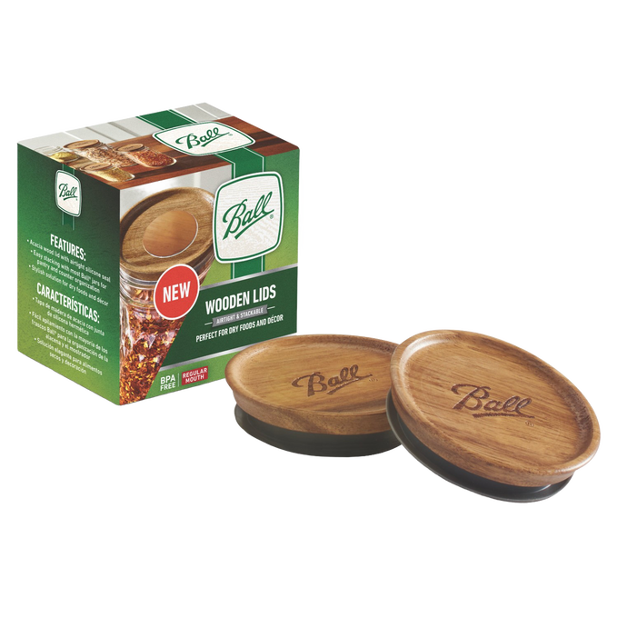 Set of two airtight acacia wood jar lids with Ball engraving, designed for regular mouth jars, ideal for pantry storage and kitchen decor in Kitchen & Food and Storage and Serving collections.