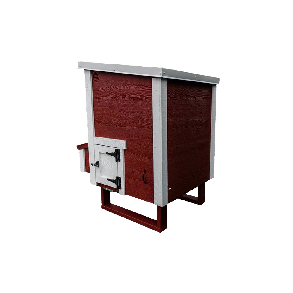 Handcrafted heavy-duty chicken coop with red wooden panels and white trim, featuring secure access door and raised floor, designed for year-round use in Farm, Garden & Tool and Chicken Accessories collections.