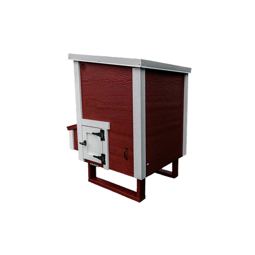 Handcrafted heavy-duty chicken coop with red wooden panels and white trim, featuring secure access door and raised floor, designed for year-round use in Farm, Garden & Tool and Chicken Accessories collections.