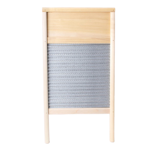 Handcrafted galvanized spiral washboard with fully mortised wooden frame and lock corner head, designed for effective stain removal in USA made Home & Decor and Laundry Supplies collections.