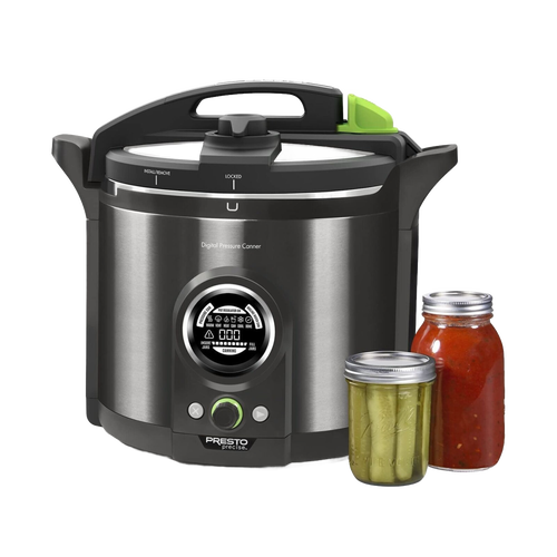 Electric digital pressure canner with stainless steel body and black top featuring a round digital display and green-accented control button, shown with jars of preserved food, part of Kitchen & Food, Food Preservation, and Pressure Canners collections.