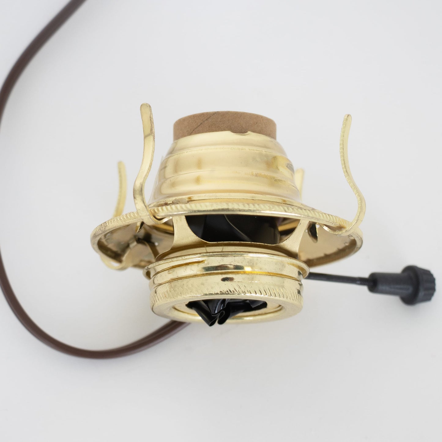 Handcrafted brass plated electrified burner with removable screw-on collar and UL listed 6 ft. brown cord, designed for #2 lamp collars and electric conversions in Lamps & Lighting collections.