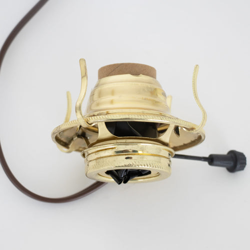 Handcrafted brass plated electrified burner with removable screw-on collar and UL listed 6 ft. brown cord, designed for #2 lamp collars and electric conversions in Lamps & Lighting collections.