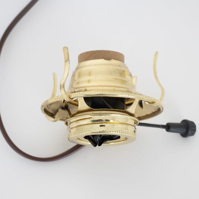 Handcrafted brass plated electrified burner with removable screw-on collar and UL listed 6 ft. brown cord, designed for #2 lamp collars and electric conversions in Lamps & Lighting collections.