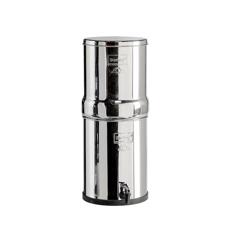 Highly polished stainless steel water filtration system with dual chambers and spigot, ideal for emergency supplies and everyday home use in Appliances and Water Treatment collections.