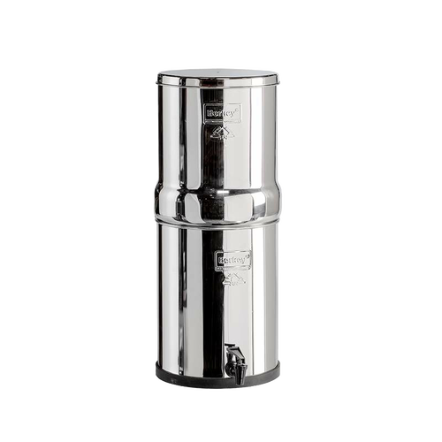 Highly polished stainless steel water filtration system with dual chambers and spigot, ideal for emergency supplies and everyday home use in Appliances and Water Treatment collections.