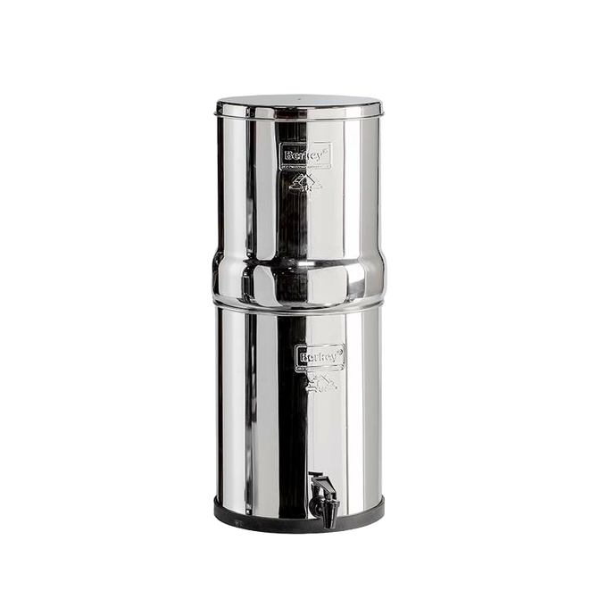 Highly polished stainless steel water filtration system with dual chambers and spigot, ideal for emergency supplies and everyday home use in Appliances and Water Treatment collections.
