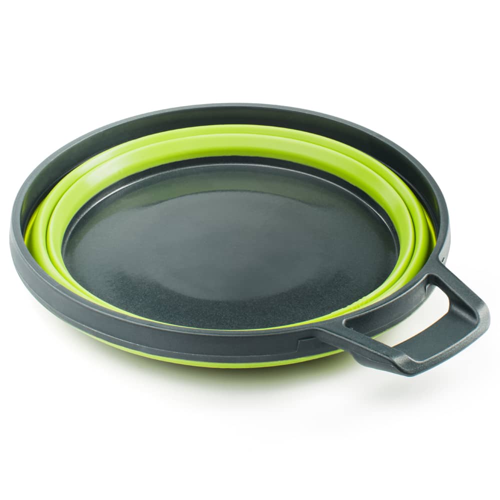Collapsible camping bowl in black and green with a convenient handle, designed for easy packing and use in outdoor, farm, garden, and tool settings, featured in best sellers.