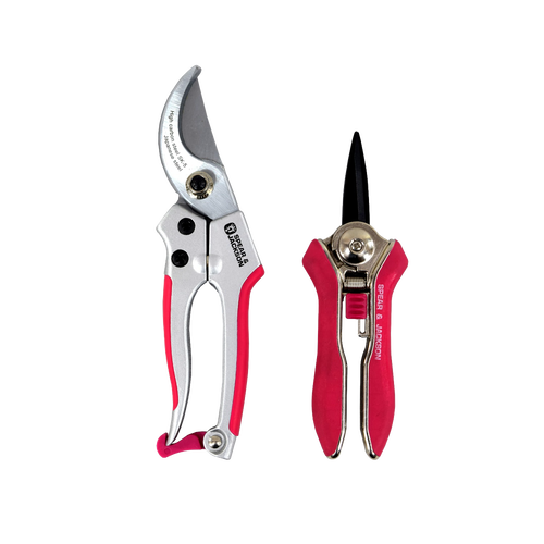 Set of bright pink bypass pruner and mini snips with ergonomic handles, designed for precise gardening tasks in Farm, Garden & Tool and Garden Accessories collections.