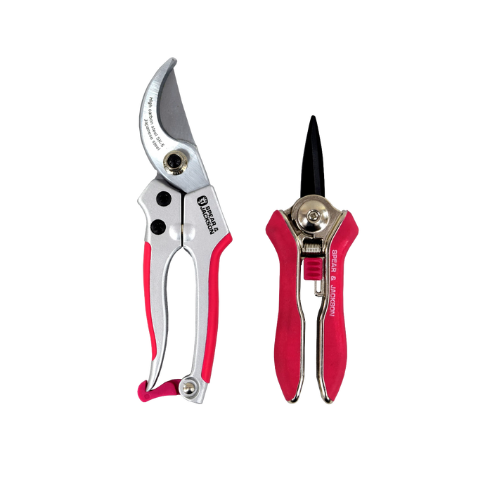 Set of bright pink bypass pruner and mini snips with ergonomic handles, designed for precise gardening tasks in Farm, Garden & Tool and Garden Accessories collections.
