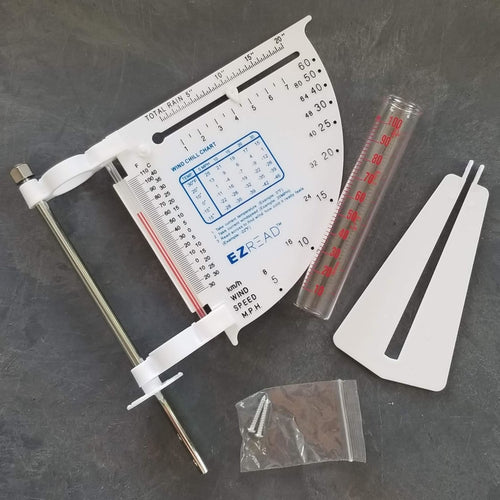 White multi-functional weather meter with wind speed, temperature, and rainfall measurements, including mounting screws, designed for outdoor use in Farm, Garden & Tool and Garden Accessories collections.