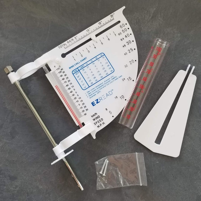 White multi-functional weather meter with wind speed, temperature, and rainfall measurements, including mounting screws, designed for outdoor use in Farm, Garden & Tool and Garden Accessories collections.