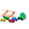 Wooden toy truck carrier with four colorful wooden cars in yellow, green, red, and blue, designed for indoor play and children’s toy collections.
