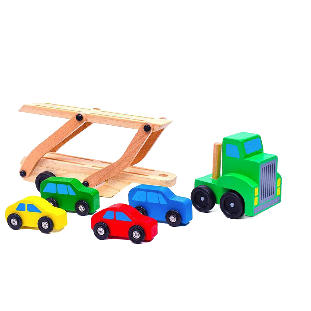Wooden toy truck carrier with four colorful wooden cars in yellow, green, red, and blue, designed for indoor play and children’s toy collections.