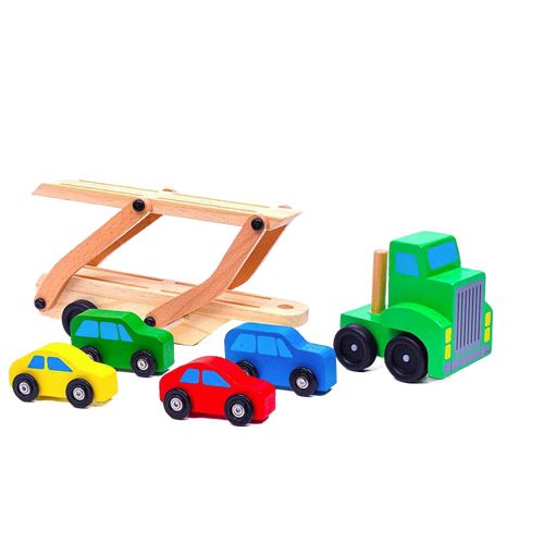 Wooden toy truck carrier with four colorful wooden cars in yellow, green, red, and blue, designed for indoor play and children’s toy collections.