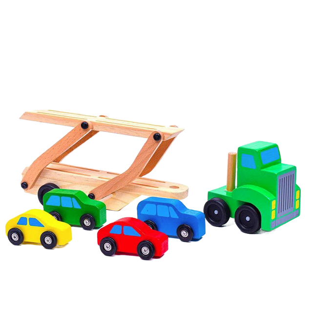 Wooden toy truck carrier with four colorful wooden cars in yellow, green, red, and blue, designed for indoor play and children’s toy collections.