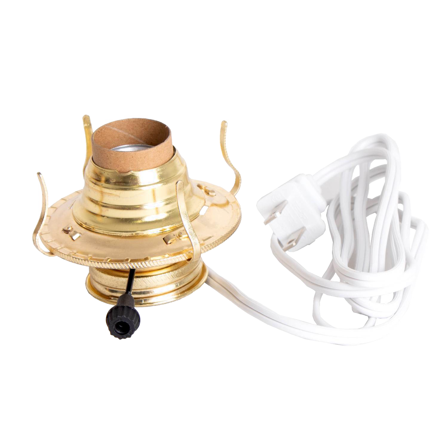 Handcrafted brass plated electrified burner with threaded base and removable collar, featuring UL listed white cord, ideal for Lamps & Lighting, Parts and Accessories, and Best Sellers collections.