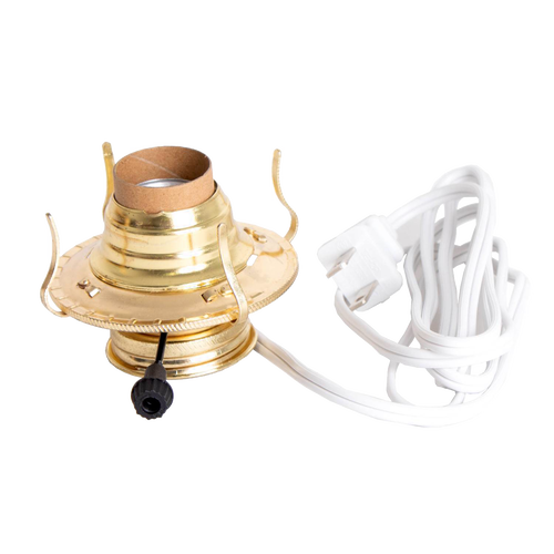 Handcrafted brass plated electrified burner with threaded base and removable collar, featuring UL listed white cord, ideal for Lamps & Lighting, Parts and Accessories, and Best Sellers collections.