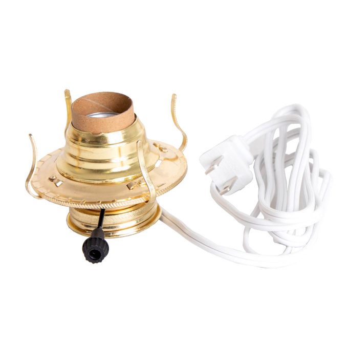 Handcrafted brass plated electrified burner with threaded base and removable collar, featuring UL listed white cord, ideal for Lamps & Lighting, Parts and Accessories, and Best Sellers collections.