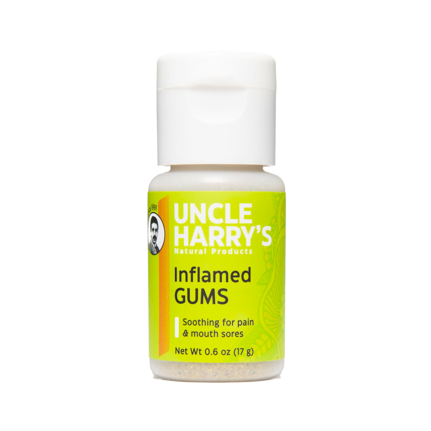 Small handcrafted bottle of tooth powder for inflamed gums and mouth sores, featuring natural ingredients and soothing properties in Health & Wellness and Grooming collections.
