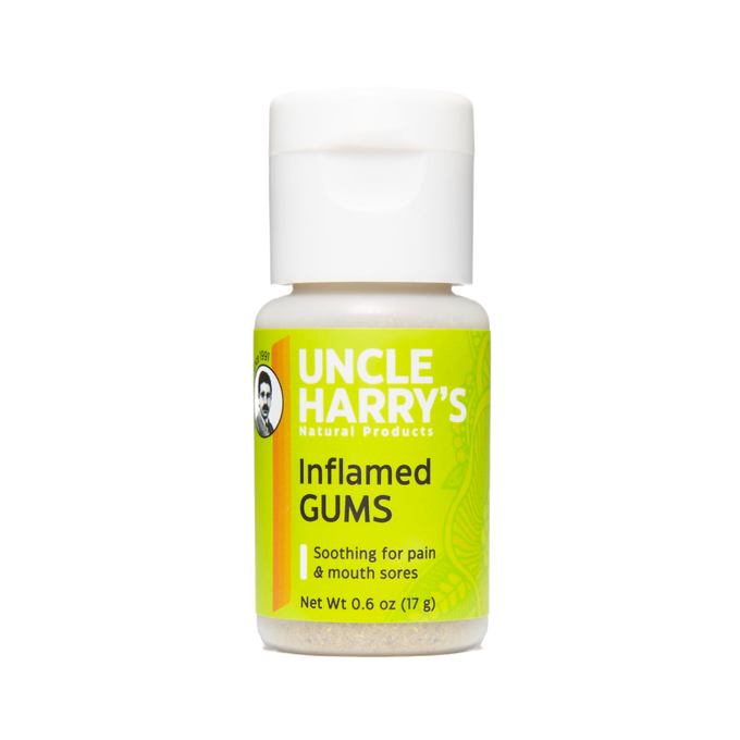 Small handcrafted bottle of tooth powder for inflamed gums and mouth sores, featuring natural ingredients and soothing properties in Health & Wellness and Grooming collections.