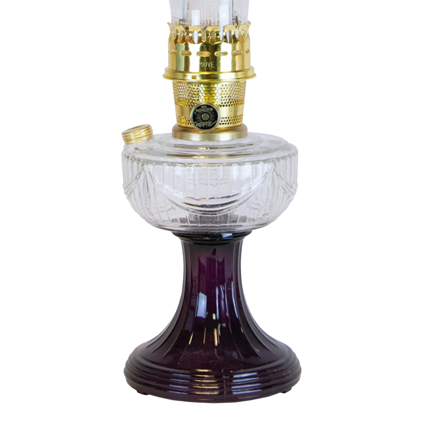 Handcrafted oil lamp with a deep purple glass Lincoln Drape base, clear glass font featuring embossed patterns, and a polished brass burner, perfect for Farm, Garden & Tool, Lamps & Lighting, Oil Lamps, Table Lamps, Best Sellers, Homesteading, and Promo Eligible collections.
