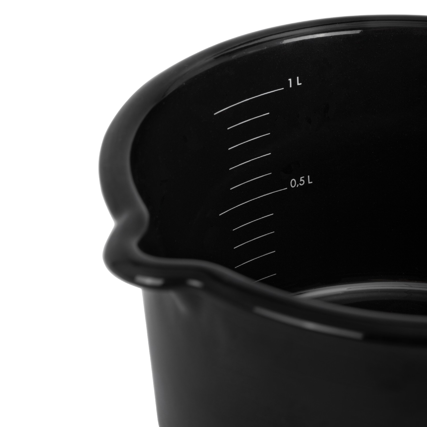 Black enamel cooking pan featuring internal liter measurement markings and a pour spout, designed for camping, kitchen, cookware, farm, garden tool, and outdoor use collections.