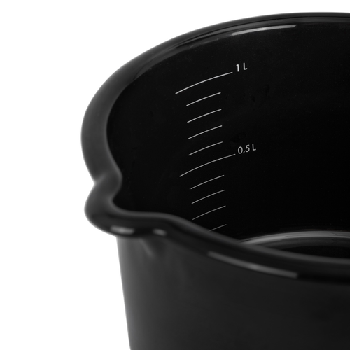 Black enamel cooking pan featuring internal liter measurement markings and a pour spout, designed for camping, kitchen, cookware, farm, garden tool, and outdoor use collections.