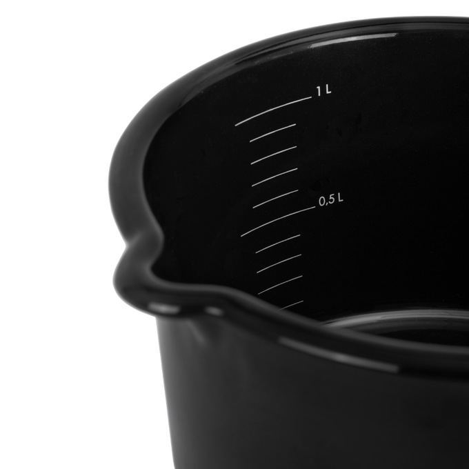 Black enamel cooking pan featuring internal liter measurement markings and a pour spout, designed for camping, kitchen, cookware, farm, garden tool, and outdoor use collections.