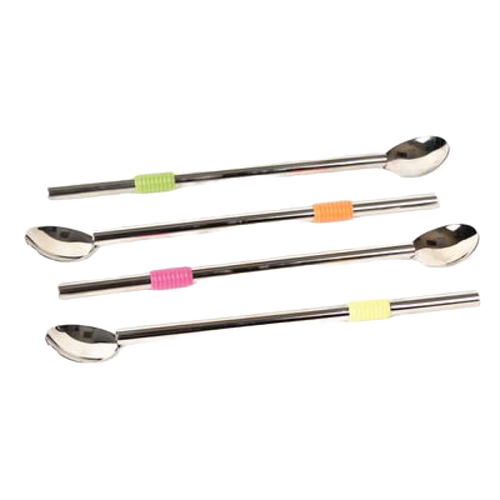 Set of four stainless steel spoon straws with colorful silicone grips in green, orange, pink, and yellow, designed for versatile use in Kitchen & Food, Dinnerware, and Best Sellers collections.
