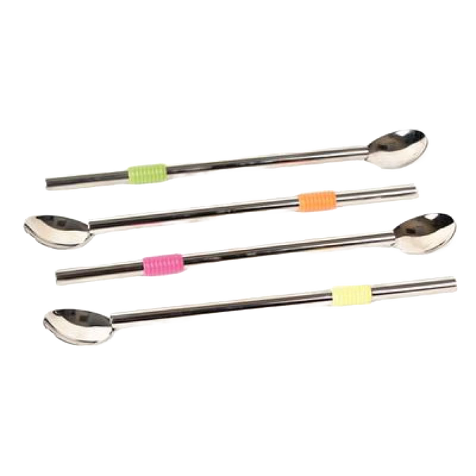 Set of four stainless steel spoon straws with colorful silicone grips in green, orange, pink, and yellow, designed for versatile use in Kitchen & Food, Dinnerware, and Best Sellers collections.