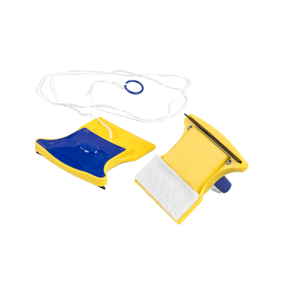 Handcrafted magnetic window cleaning tool with yellow and blue plastic housings, featuring a safety rope, designed for safe and easy use in household cleaning and home decor.