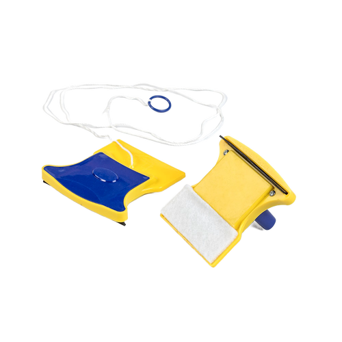 Handcrafted magnetic window cleaning tool with yellow and blue plastic housings, featuring a safety rope, designed for safe and easy use in household cleaning and home decor.