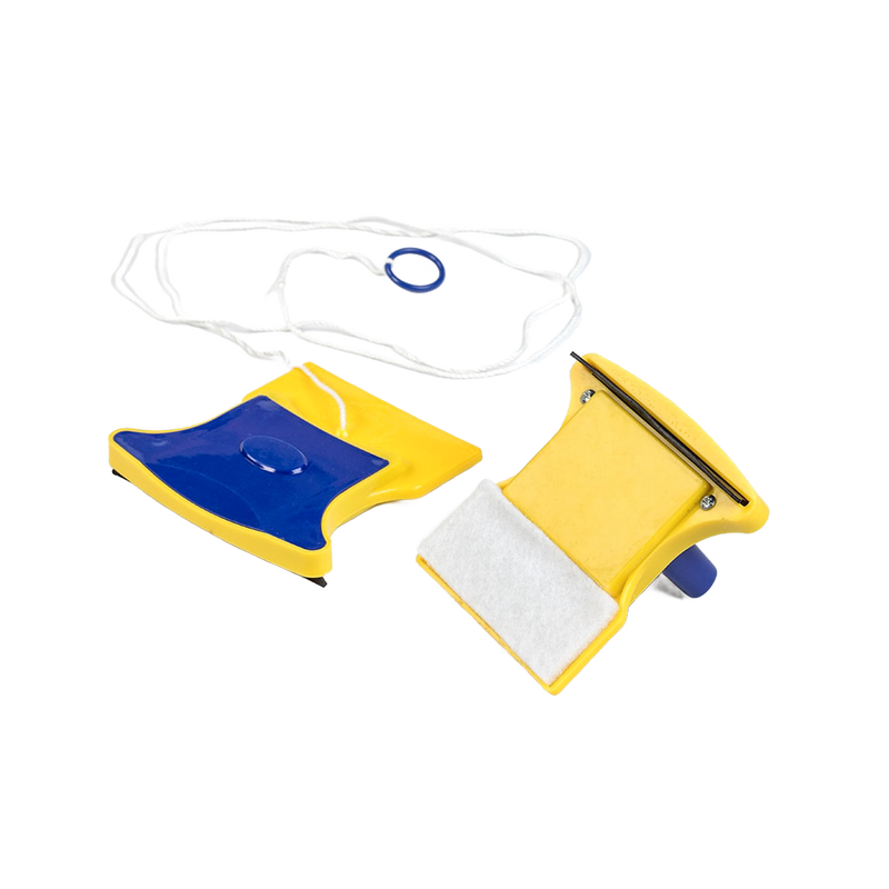 Handcrafted magnetic window cleaning tool with yellow and blue plastic housings, featuring a safety rope, designed for safe and easy use in household cleaning and home decor.