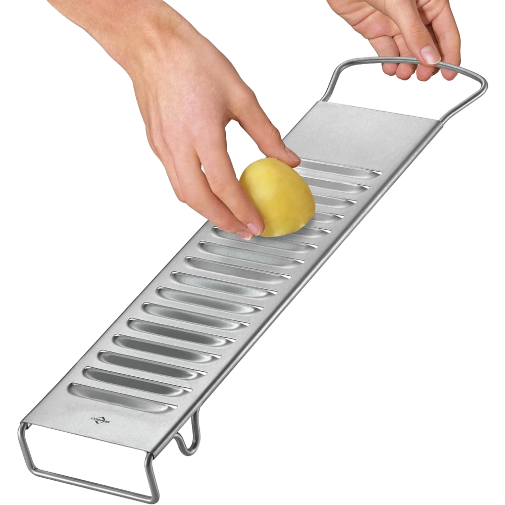 Heavy-duty stainless steel potato slicer with sharp blades and sturdy handles, designed for efficient potato prep, featured in Kitchen & Food, Food Prep, and Choppers and Cutters collections.