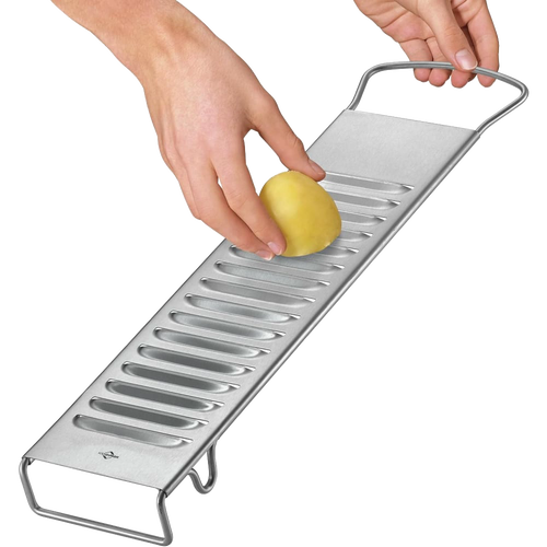 Heavy-duty stainless steel potato slicer with sharp blades and sturdy handles, designed for efficient potato prep, featured in Kitchen & Food, Food Prep, and Choppers and Cutters collections.