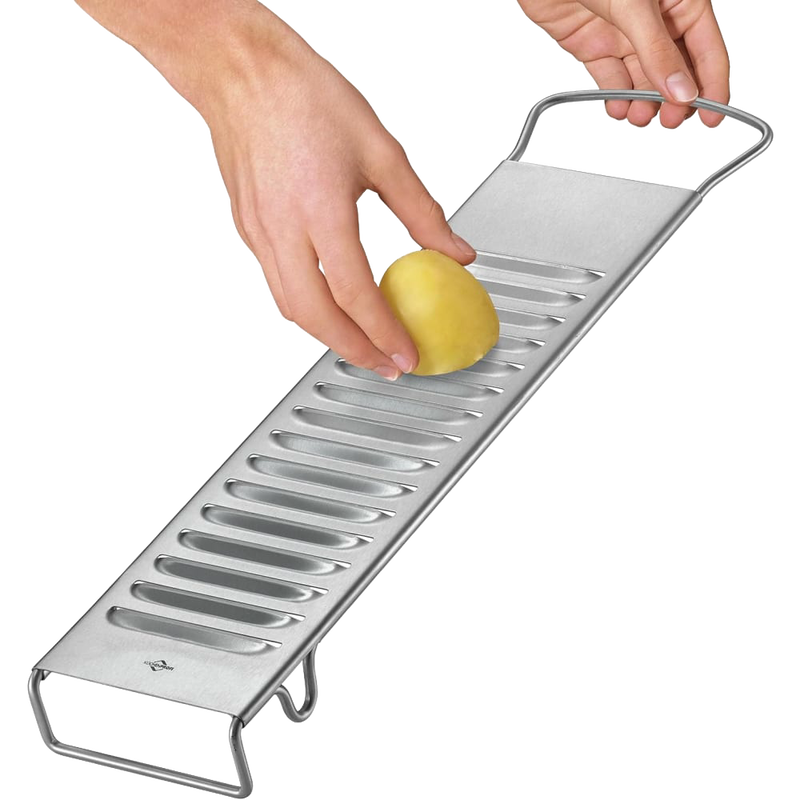 Heavy-duty stainless steel potato slicer with sharp blades and sturdy handles, designed for efficient potato prep, featured in Kitchen & Food, Food Prep, and Choppers and Cutters collections.