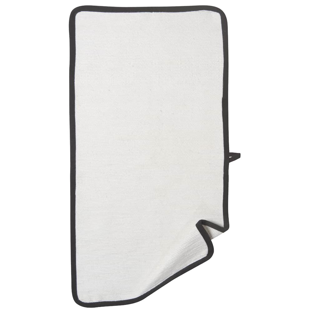 White 100% cotton oven towel with black trim and hanging loop, designed for safe handling of hot dishes; featured in Kitchen Textiles, Accessories, and Best Sellers collections.