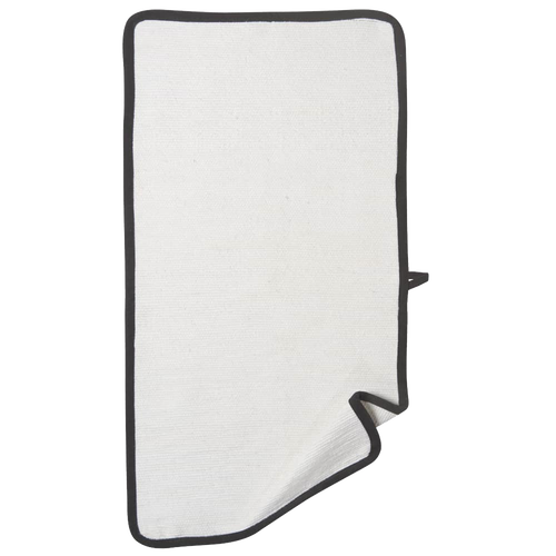 White 100% cotton oven towel with black trim and hanging loop, designed for safe handling of hot dishes; featured in Kitchen Textiles, Accessories, and Best Sellers collections.