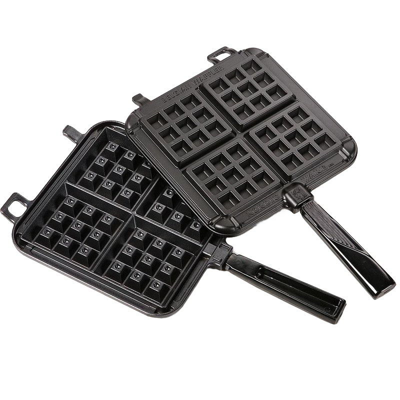 Heavy cast aluminum square stovetop waffle iron with non-stick coating, designed for Belgian-style deep-pocket waffles, perfect for Kitchen & Food, Cookware, and USA Made collections.