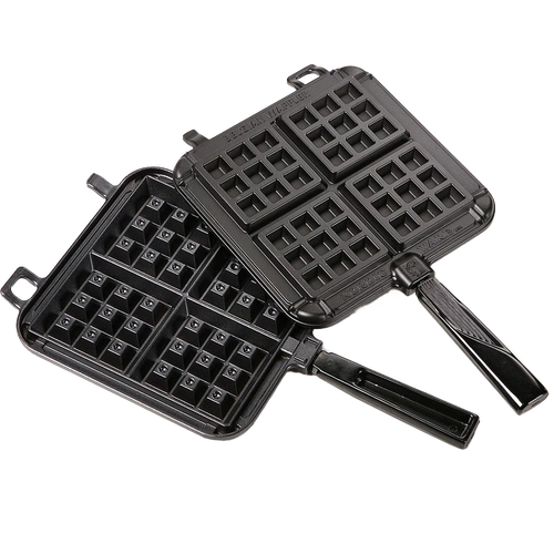Heavy cast aluminum square stovetop waffle iron with non-stick coating, designed for Belgian-style deep-pocket waffles, perfect for Kitchen & Food, Cookware, and USA Made collections.