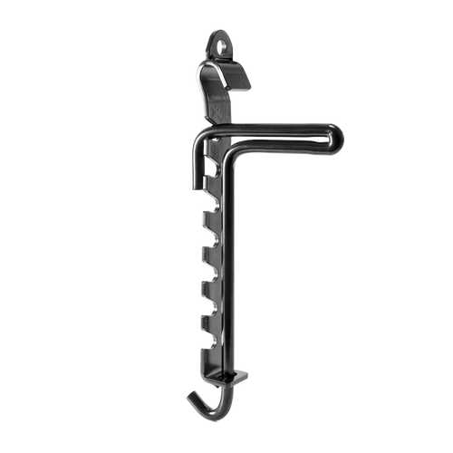 Black coated steel adjustable trammel hook with multiple notches for height control, designed for secure campfire cooking setup, part of Farm, Garden & Tool and Camping collections.