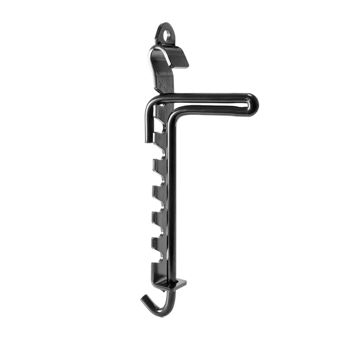 Black coated steel adjustable trammel hook with multiple notches for height control, designed for secure campfire cooking setup, part of Farm, Garden & Tool and Camping collections.