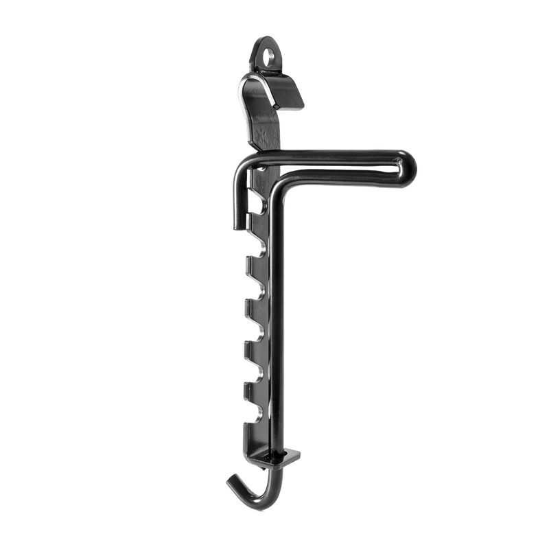 Black coated steel adjustable trammel hook with multiple notches for height control, designed for secure campfire cooking setup, part of Farm, Garden & Tool and Camping collections.