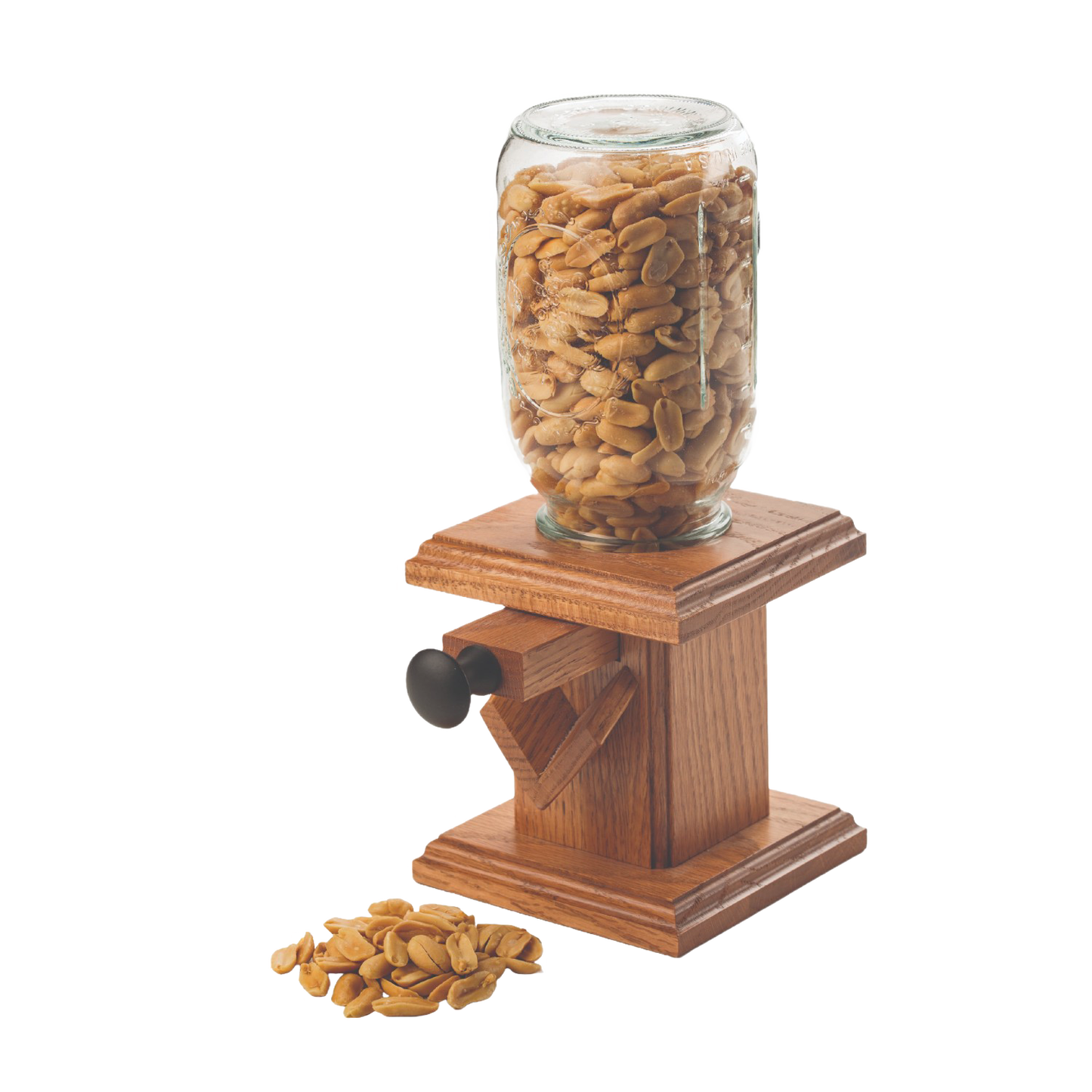Handcrafted Amish-made candy dispenser crafted from stained oak with a glass jar filled with peanuts, ideal for Kitchen & Food, Snacks and Sweets, Holiday Hosting, and Storage and Serving collections.