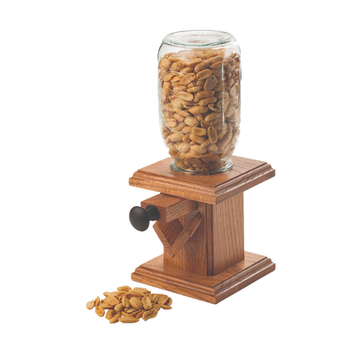 Handcrafted Amish-made candy dispenser crafted from stained oak with a glass jar filled with peanuts, ideal for Kitchen & Food, Snacks and Sweets, Holiday Hosting, and Storage and Serving collections.
