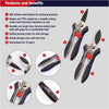 Two garden pruners with chrome-plated steel handles and black soft-grip coatings, featuring SK5 carbon steel blades with PTFE coating, sliding safety locks, and a compact fabric storage case with belt loop, ideal for Farm, Garden & Tool and Garden Accessories collections.