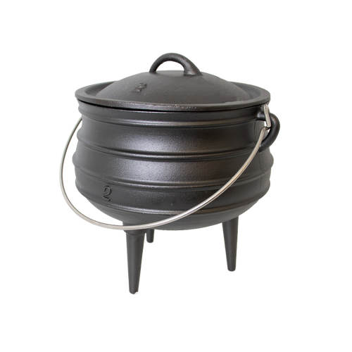 Handcrafted cast iron campfire kettle with round body and three legs, featuring a sturdy lid and metal bail handle, designed for outdoor cooking in Farm, Garden & Tool, Camping, Best Sellers, and Promo Eligible collections.