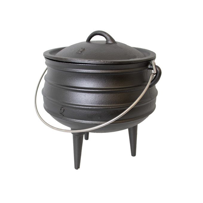 Handcrafted cast iron campfire kettle with round body and three legs, featuring a sturdy lid and metal bail handle, designed for outdoor cooking in Farm, Garden & Tool, Camping, Best Sellers, and Promo Eligible collections.