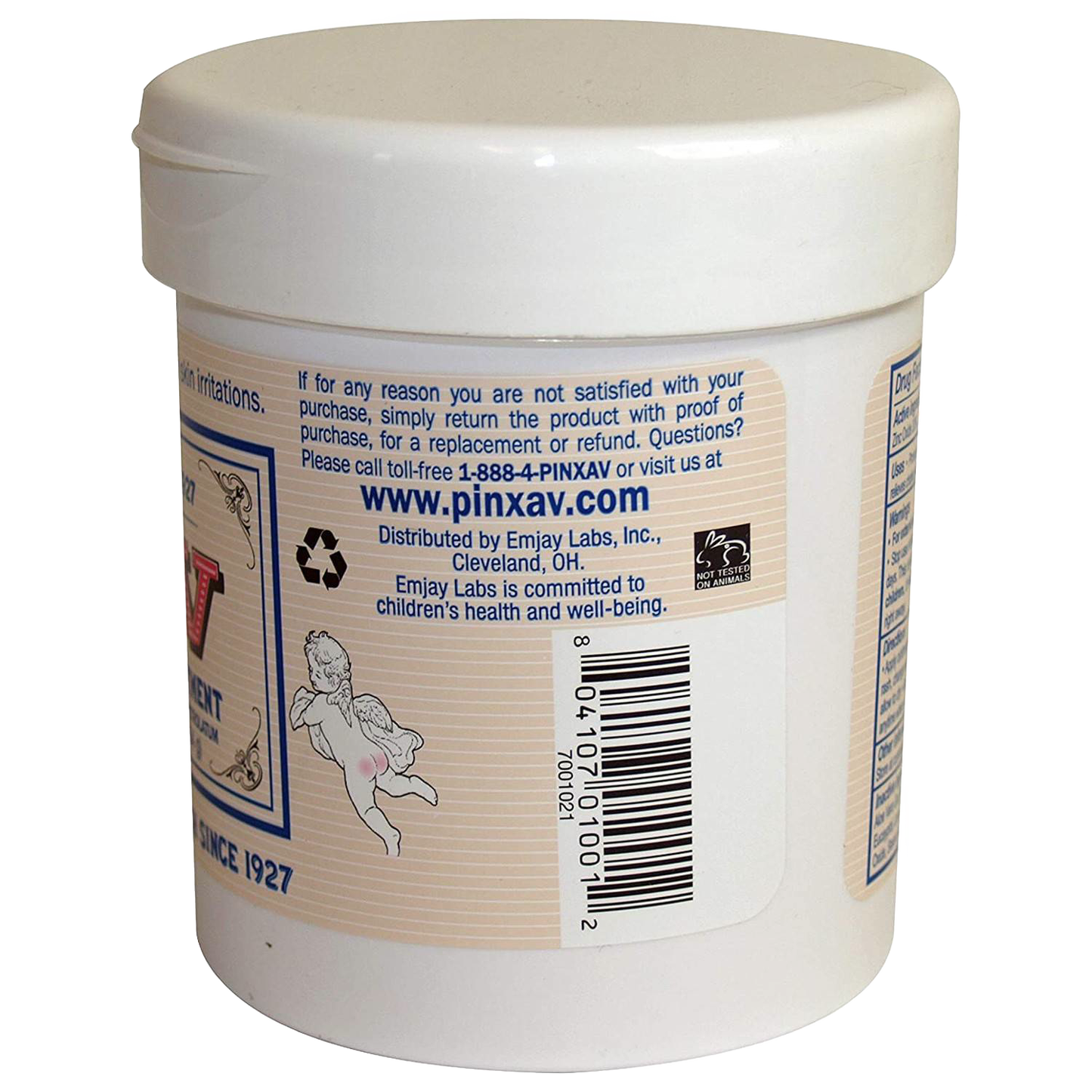 White plastic jar of Pinxav Diaper Rash Cream featuring a detailed label with contact information and product assurances, part of Health & Wellness and USA Made collections.